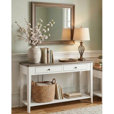 P2728-50 : Bàn Trang Trí, Bàn Console - Trắng + Nâu